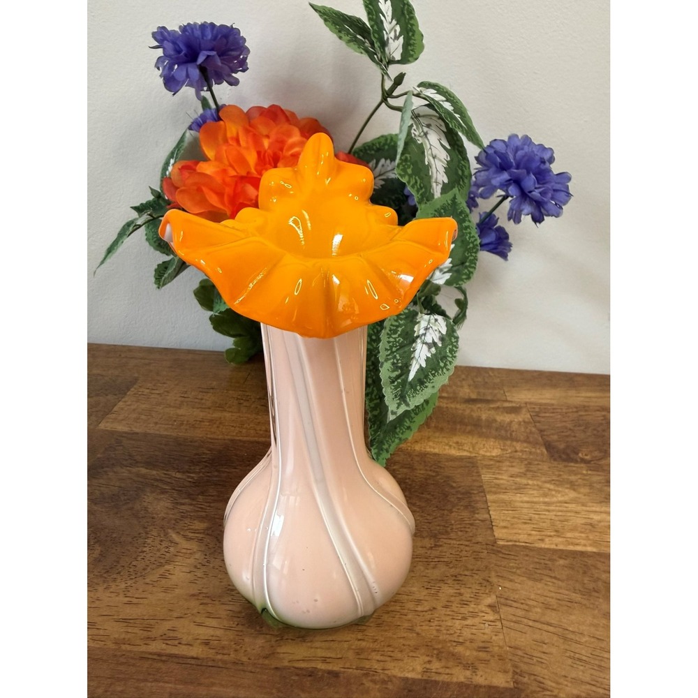Vintage Hand-Blown Art Glass Vase – Peach, Green,‎ and Orange Ruffled Top